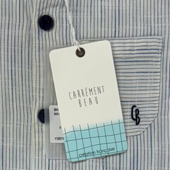 CARREMENT BEAU - SHORT SLEEVES SHIRT - WHITE/BLUE STRIPES - NEW WITH TAG - Picture 3 of 4